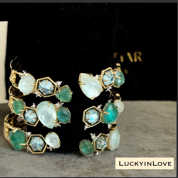 ALEXIS BITTAR • Green Blue Gemstone Black Enamel Gold Opalescent Cuff Bracelet - Picture 1 of 14